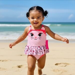 Betsey Johnson ✦ Toddler Cat Face Swimsuit ✦ Pink Black Ruffle UPF 50+ 24M NWT